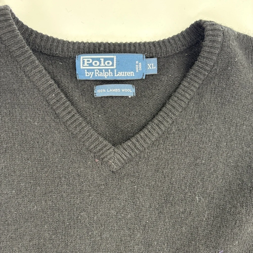 Polo by Ralph Lauren Black V-Neck Sweater with Purple Logo